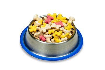 Dog food. Bowl with kibble food isolated on white background