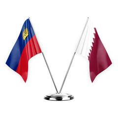Two table flags isolated on white background 3d illustration, liechtenstein and qatar