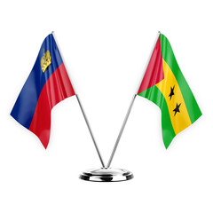 Two table flags isolated on white background 3d illustration, liechtenstein and sao tome and...