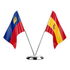 Two table flags isolated on white background 3d illustration, liechtenstein and spain