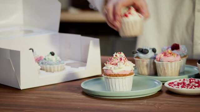 Woman chef putting decorated cupcakes with berries and confetti into box close-up. Professional confectioner wrapping cooked muffins with cream on top, tasty dessert. Baking sweet food, bakery at home