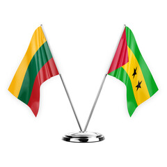 Two table flags isolated on white background 3d illustration, lithuania and sao tome and principe