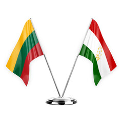 Two table flags isolated on white background 3d illustration, lithuania and tajikistan