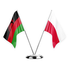 Two table flags isolated on white background 3d illustration, malawi and poland