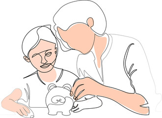 Continuous one line drawing of portrait child girl learn to save money in piggy bank to manage finances save money spend earnings with economy plan family budget. Vector illustration