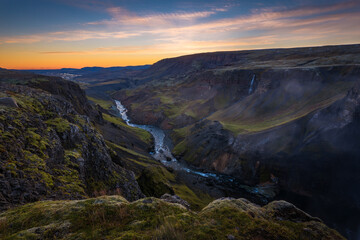Fossardalur valley and Fossá river in Iceland at sunset.