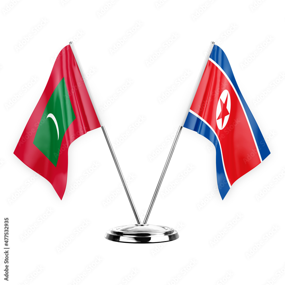 Wall mural two table flags isolated on white background 3d illustration, maldives and north korea