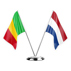 Two table flags isolated on white background 3d illustration, mali and netherlands