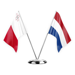 Two table flags isolated on white background 3d illustration, malta and netherlands