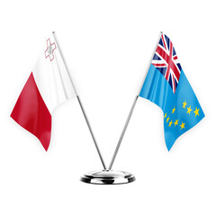 Two table flags isolated on white background 3d illustration, malta and tuvalu