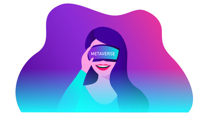Metaverse digital virtual reality and augmented reality technology, woman wearing virtual reality headset glasses vector illustration
