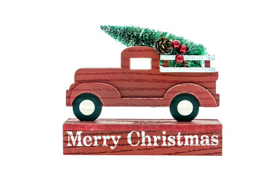 christmas ornaments and car toy with tree presents isolated white background. merry christmas concept.