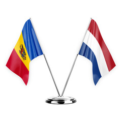 Two table flags isolated on white background 3d illustration, moldova and netherlands