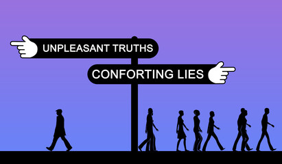 Unpleasant Truths and Comforting Lies. Individuality VS Group of Crowd People Following The Falsehoods. Opposite Concept 