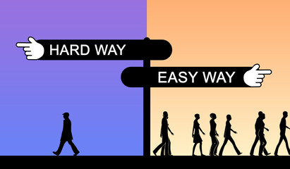 Hard and Easy way Concept with People. Individual VS Group. Leader and Crowd Conceptual Idea 