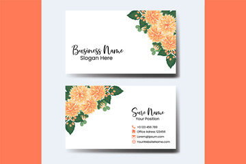 Business Card Template Orange Dahlia Flower .Double-sided Orange Colors. Flat Design Vector Illustration. Stationery Design