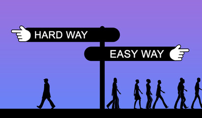 Hard and Easy way Individuality and Group People Concept. Leader Road and Crowd Route Conceptual...