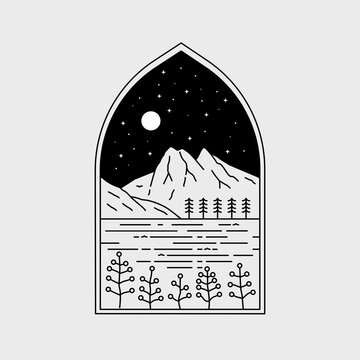 recommend clip art: Emerald Lake.Yoho Ntional Park on the night Illustration in mono line art. nature vector.