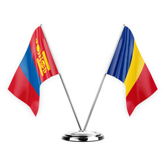 Two table flags isolated on white background 3d illustration, mongolia and romania