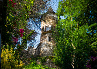 Obraz premium Tower of a partly dilapidated castle seen through foliage