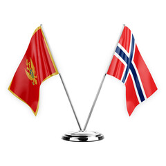 Two table flags isolated on white background 3d illustration, montenegro and norway