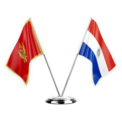 Two table flags isolated on white background 3d illustration, montenegro and paraguay