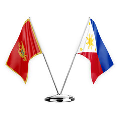 Two table flags isolated on white background 3d illustration, montenegro and philippines