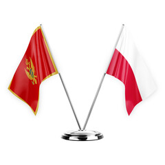 Two table flags isolated on white background 3d illustration, montenegro and poland - obrazy, fototapety, plakaty