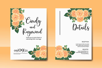 Fototapeta premium Wedding invitation frame set, floral watercolor Digital hand drawn Orange Dahlia Flower design Invitation Card Template