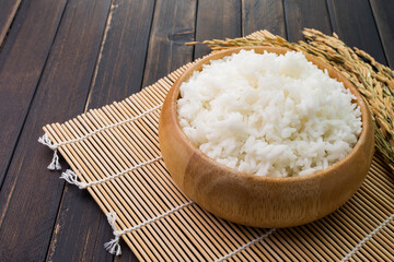 Close-up of white rice or jasmine rice in a wooden bowl