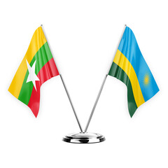 Two table flags isolated on white background 3d illustration, myanmar and rwanda