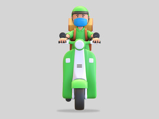 Fototapeta premium green uniform courier wearing helmet and mask riding scooter 3d render illustration