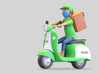 green uniform courier wearing helmet and mask riding scooter 3d render illustration