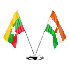 Two table flags isolated on white background 3d illustration, myanmar and niger