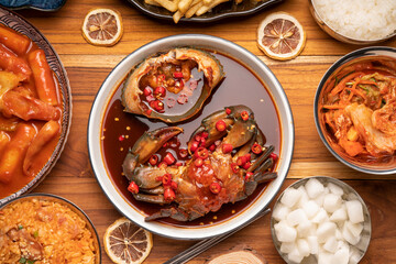 Korean spicy Fresh raw crabs marinated in a mild soy sauce, Ganjang gejang Korean traditional food.