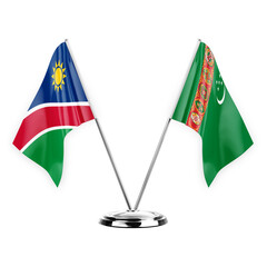 Two table flags isolated on white background 3d illustration, namibia and turkmenistan