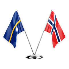 Two table flags isolated on white background 3d illustration, nauru and norway