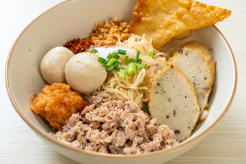 spicy egg noodles with fish balls and shrimp balls without soup