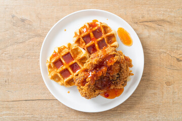 fried chicken with waffle and spicy sauce