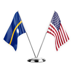 Two table flags isolated on white background 3d illustration, nauru and usa