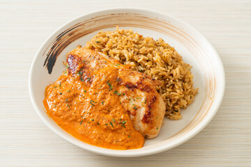 grilled chicken steak with red curry sauce and rice