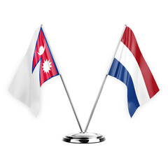 Two table flags isolated on white background 3d illustration, nepal and netherlands