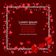 Valentine's Day invitation card, square flyer, booklet vector design template. Dark-red background with white frame and hearts