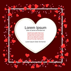 Fototapeta na wymiar Valentine's Day invitation card, square flyer, booklet vector design template. Dark-red background with white frame and hearts
