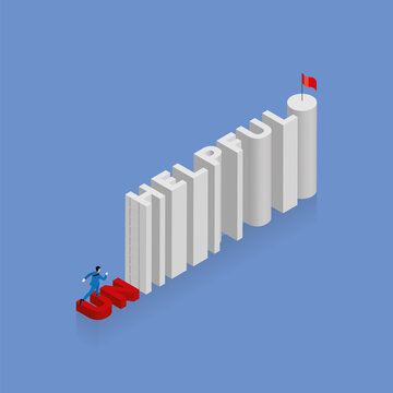 Businessman runs aim to target on text word UNHELPFUL into HELPFUL, arrange in alphabet order with ladder for the climb up the obstacle and red flag at the end. Business vision marketing plan concept.