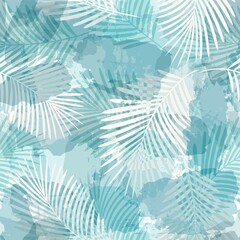 Tropical pattern, palm leaves seamless vector background. Exotic plant on watercolor stains artistic jungle print. Leaves of palm tree. ink brush