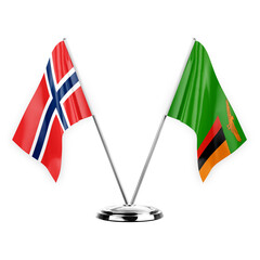 Two table flags isolated on white background 3d illustration, norway and zambia