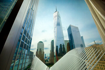 New York City and Freedom Tower seen through hotel window
