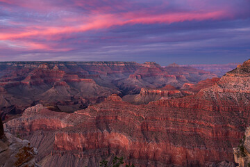 grand canyon after sunset with purple and pink sky
