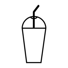 Plastic cup with a straw. Domed lid. Summer drink. Isolated sign. Line art. Flat style. Vector illustration. Stock image. 